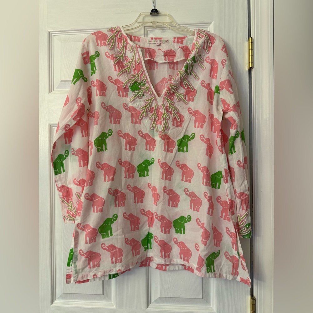 Barbara Gerwit Elephant Print Cotton Tunic Top Shirt Blouse Cover Up Sz M Beaded